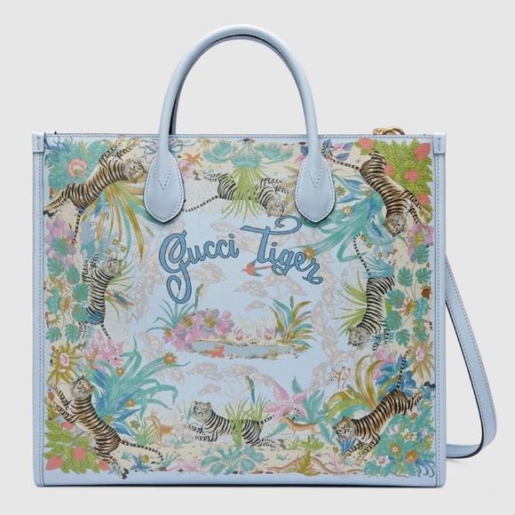 Gucci Handbags - Gucci Tote Bag Shoulder Bag Light Blue Gold Tiger Flower Print Leather